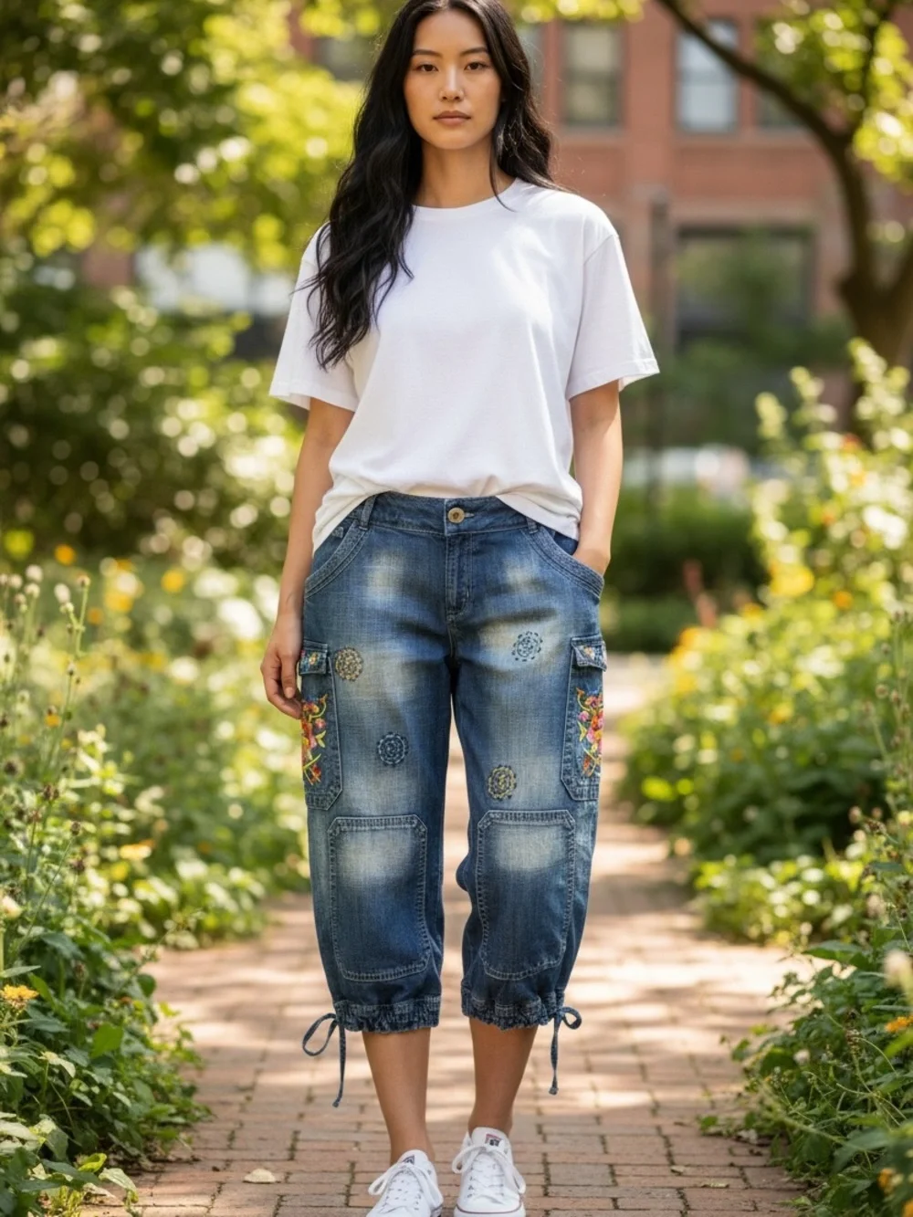 Embroidered Mid-Blue Cropped Cargo Jeans with Drawstring Cuffs